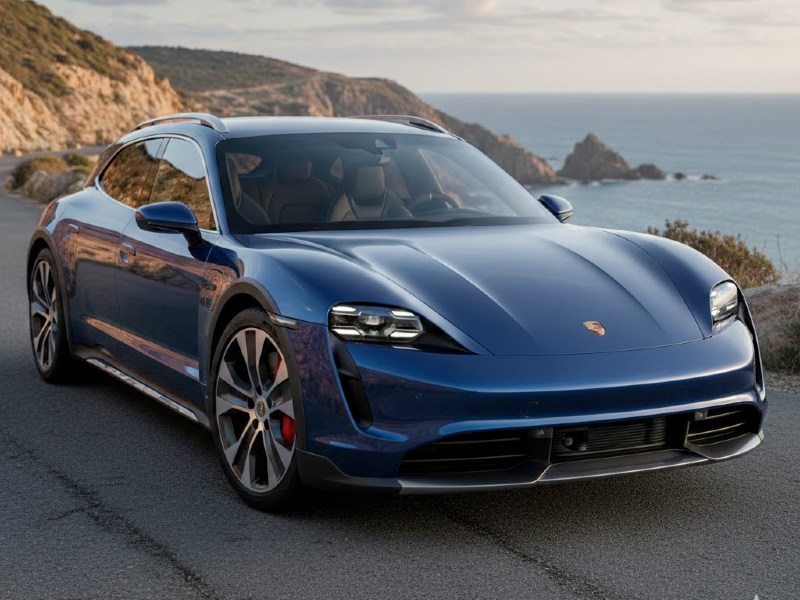 Un'immagine dettagliata in primo piano di una Porsche Taycan 4 Cross Turismo di colore blu scuro metallizzato, posizionata di tre quarti su una strada costiera al tramonto. Sono visibili i fari a LED Matrix, i passaruota protettivi tipici del modello Cross Turismo e i cerchi in lega dal design sportivo.