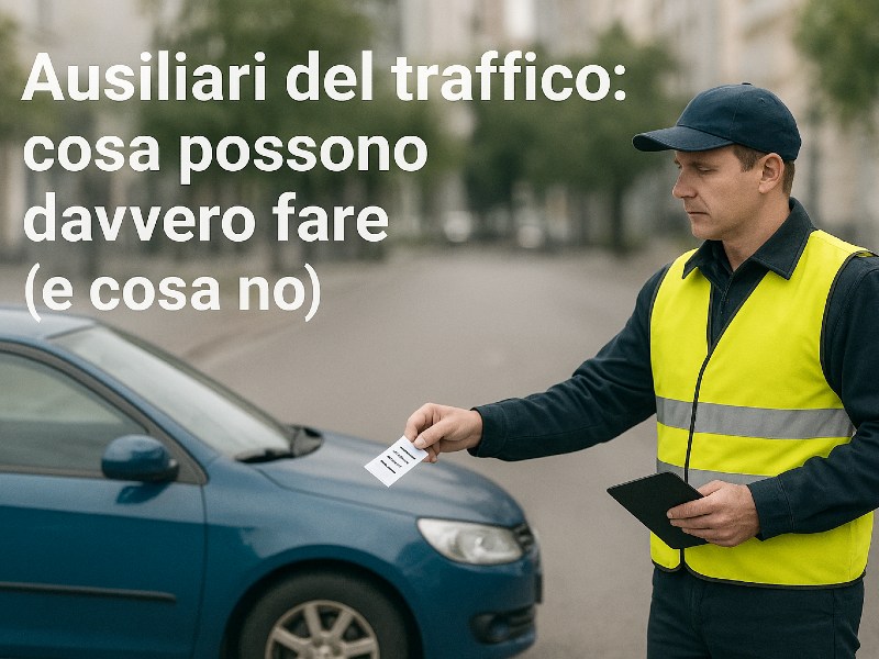 Ausiliario del traffico mentre verifica un’auto parcheggiata sulle strisce blu in una zona urbana