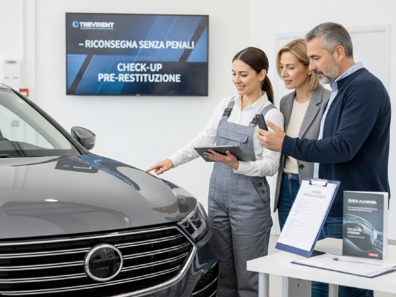 Consulente TreviRent (donna) mostra a una coppia di clienti come effettuare il check-up pre-riconsegna di un veicolo a noleggio per evitare penali per danni.