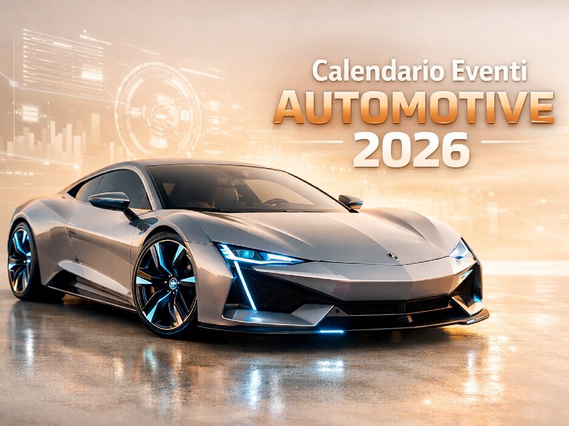 Auto sportiva futuristica grigia con luci blu, rappresentazione di tecnologia e innovazione nel settore automotive, sovrapposizione testuale "Calendario Eventi Automotive 2026", sfondo chiaro caldo ad alto contrasto, ideale per eventi automobilistici 2026