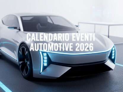 Dettaglio futuristico di un'auto con fari a LED e scritta Calendario Eventi Automotive 2026 per il blog di Trevirent