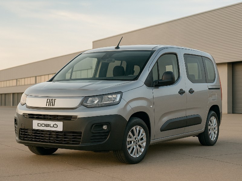 Fiat Doblò Combi 5 posti N1 argento parcheggiato davanti a un edificio moderno, offerta noleggio lungo termine Trevirent.