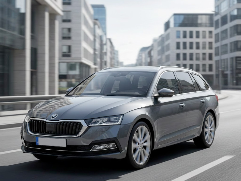 Skoda Octavia Wagon grigia in un contesto urbano, ideale per il noleggio a lungo termine aziendale.