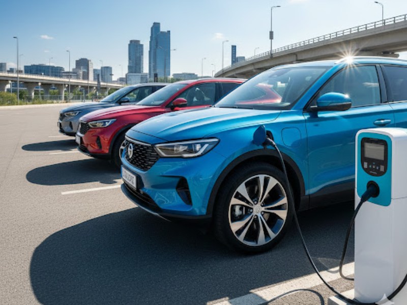 Tre SUV ibridi ed elettrici (grigi, rossi, blu) in carica presso una colonnina in un contesto urbano moderno con cielo azzurro brillante.