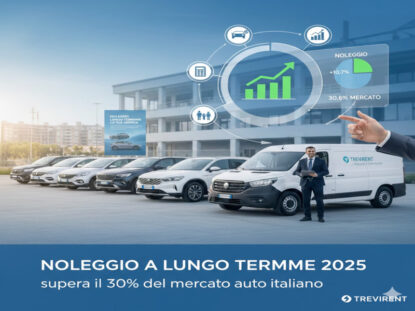 Grafico e flotta di auto a noleggio lungo termine Trevirent con statistiche del mercato auto 2025 in Italia.
