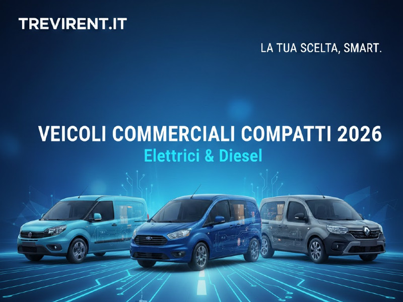 Furgoni compatti 2026 elettrici e diesel su sfondo tecnologico blu - Trevirent