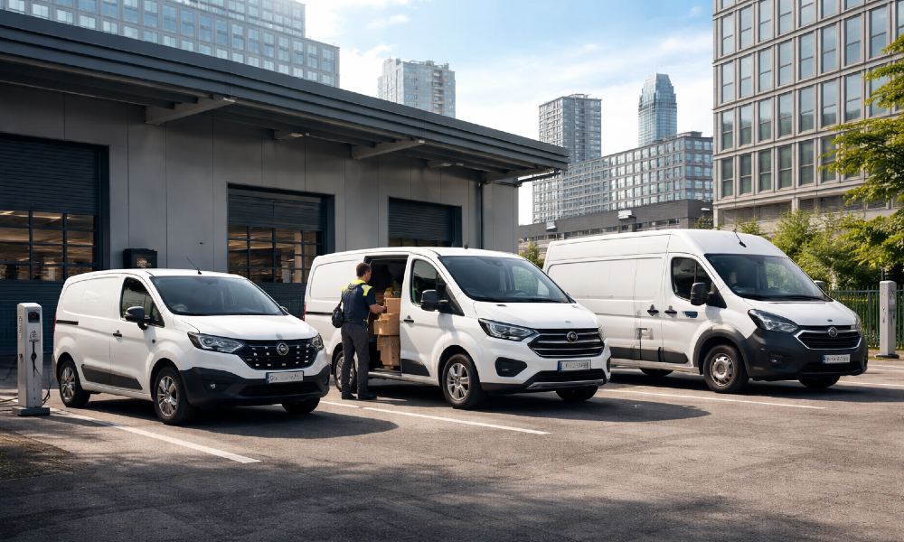 Tre furgoni elettrici (compatto, medio e grande) in un contesto urbano industriale con operatori al lavoro tra carico merci e ricarica