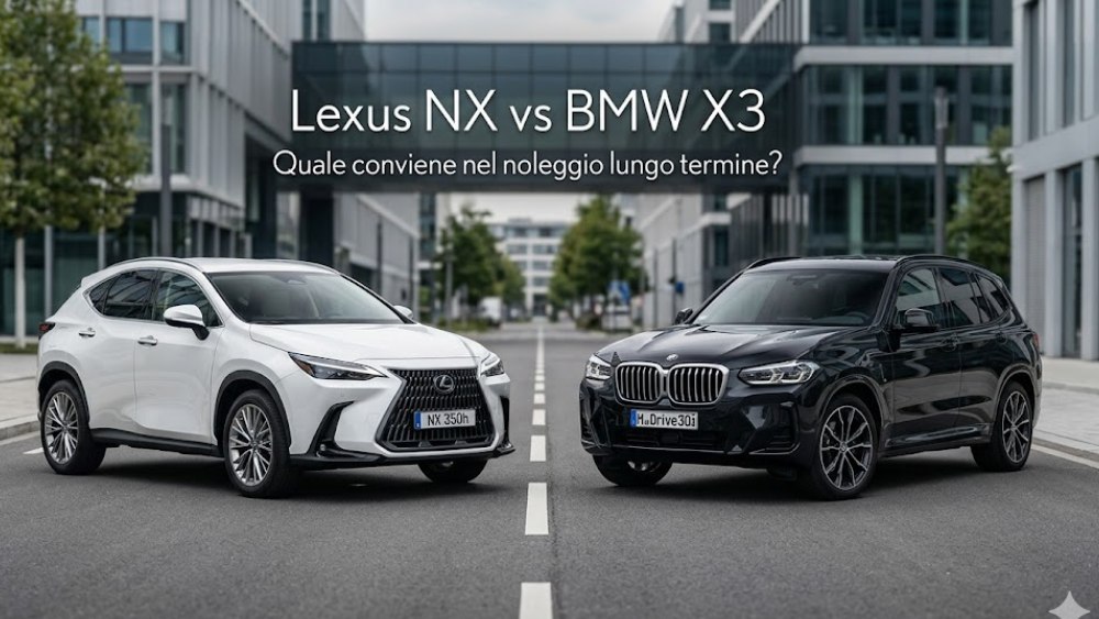 Confronto fotografico tra Lexus NX bianca e BMW X3 nera in un contesto urbano moderno per la scelta del noleggio a lungo termine.